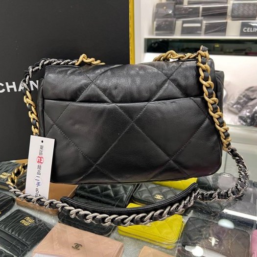東區正精品㊣CHANEL 19 AS1160香奈兒黑色大菱格紋小羊皮金銀鍊肩背包手提包小號 26CM RZ5844-9