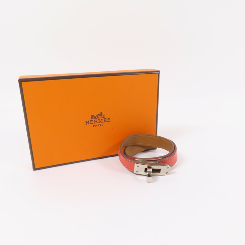 HERMES Epsom皮革Kelly Double Tour銀扣手鏈Pink-4