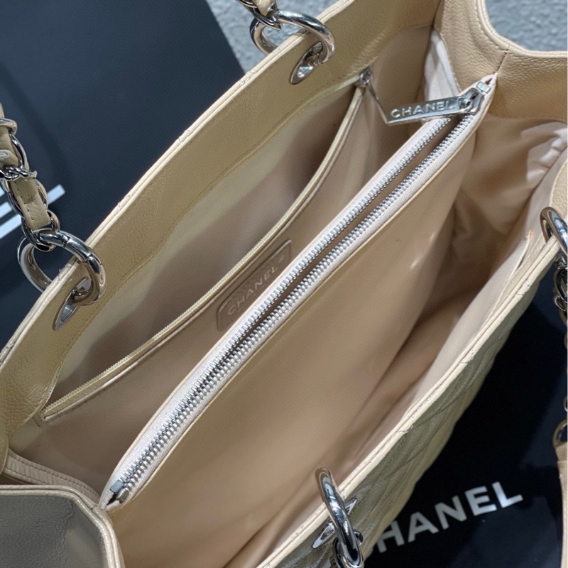 Chanel 米色牛皮荔枝皮 銀扣GST購物袋單肩包 身份卡17開,尺寸約34*24*12-7