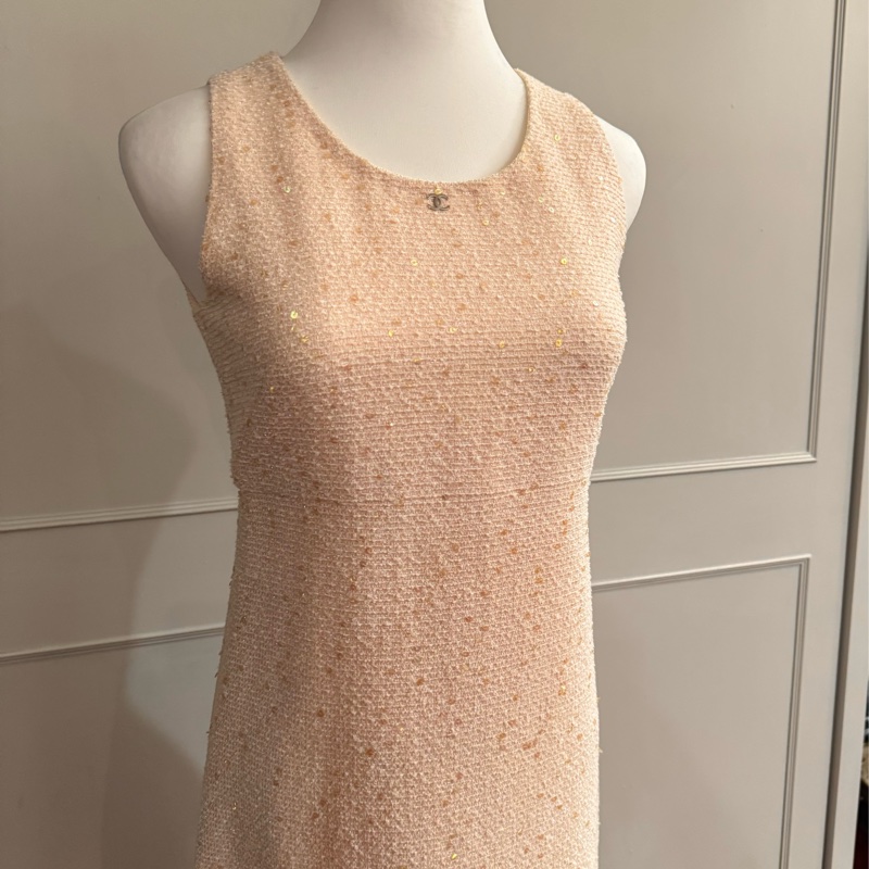 正品CHANEL香奈兒蜜桃色呢喃料背心洋裝36/XS~S-9