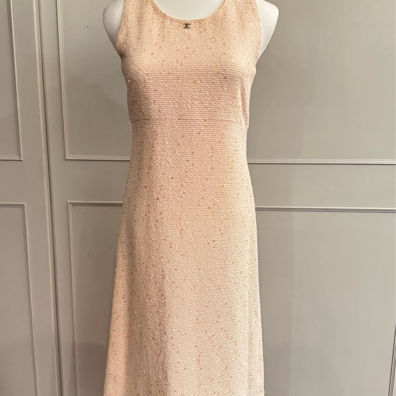正品CHANEL香奈兒蜜桃色呢喃料背心洋裝36/XS~S-10