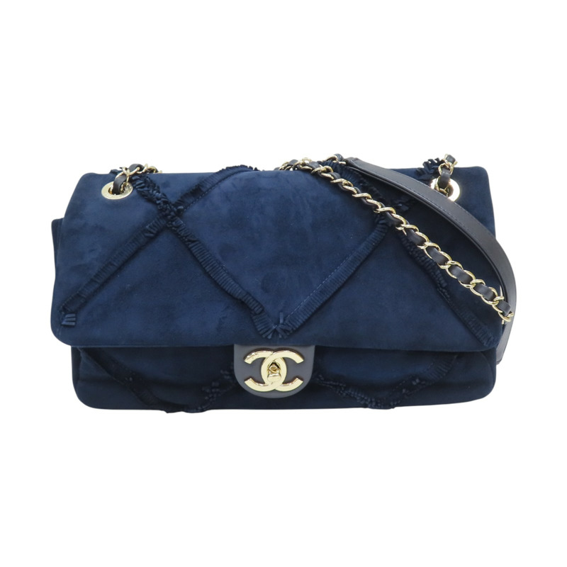 藍色 麂皮 鍊帶 肩背包 無卡【CHANEL 香奈兒】-0