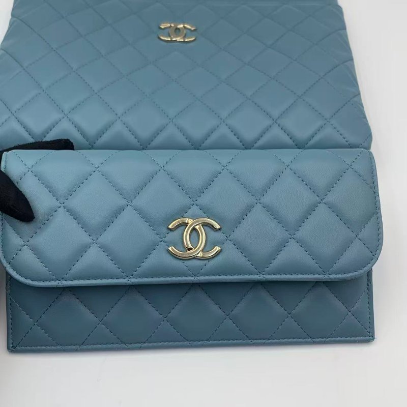 Chanel 二合一 子母袋 藍色金扣 經典菱格紋設計 手拿包 (clutch+長銀包,超便宜之選)-4