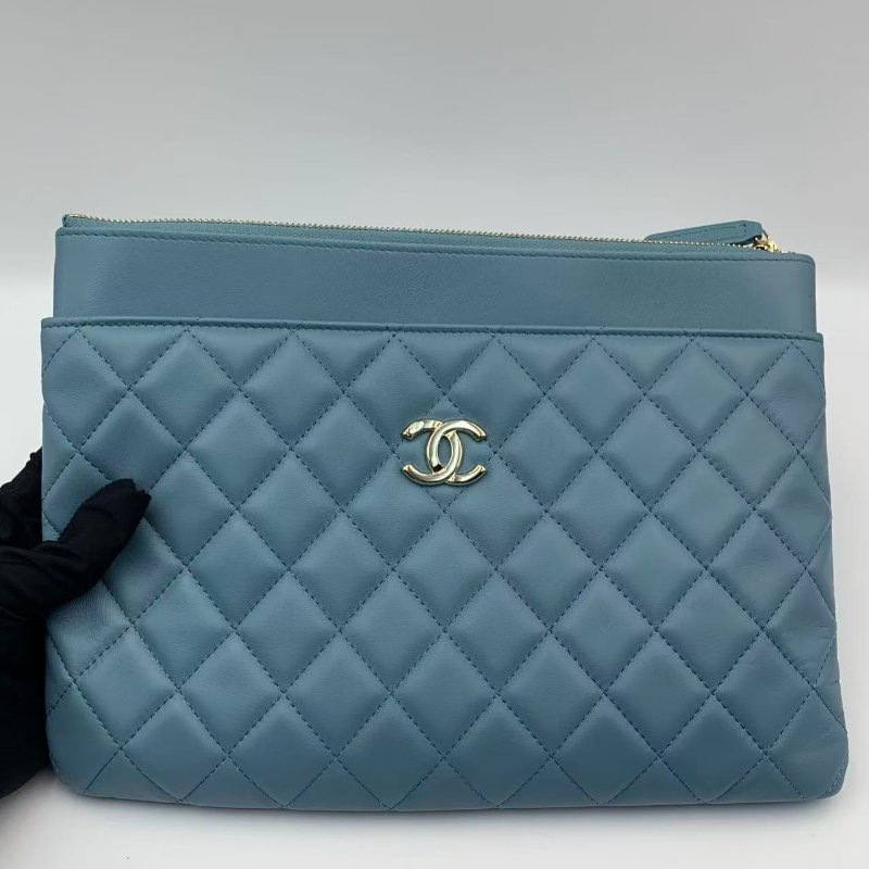 Chanel 二合一 子母袋 藍色金扣 經典菱格紋設計 手拿包 (clutch+長銀包,超便宜之選)-5