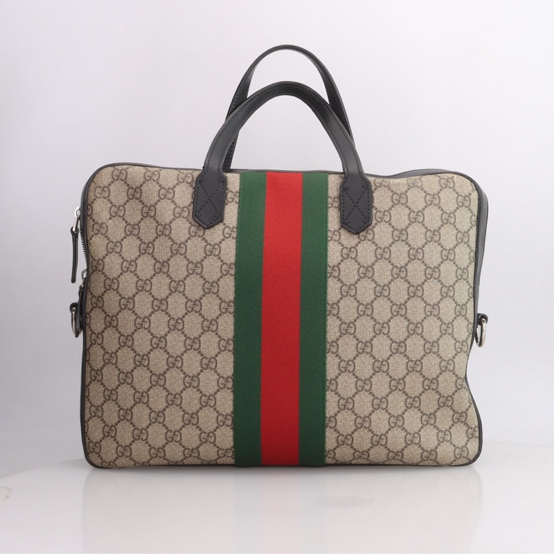GUCCI古馳 老花Logo紅綠條紋織帶 帆布拼皮 電腦公事包 肩背斜背手提包 男款 烏木色/黑色-2