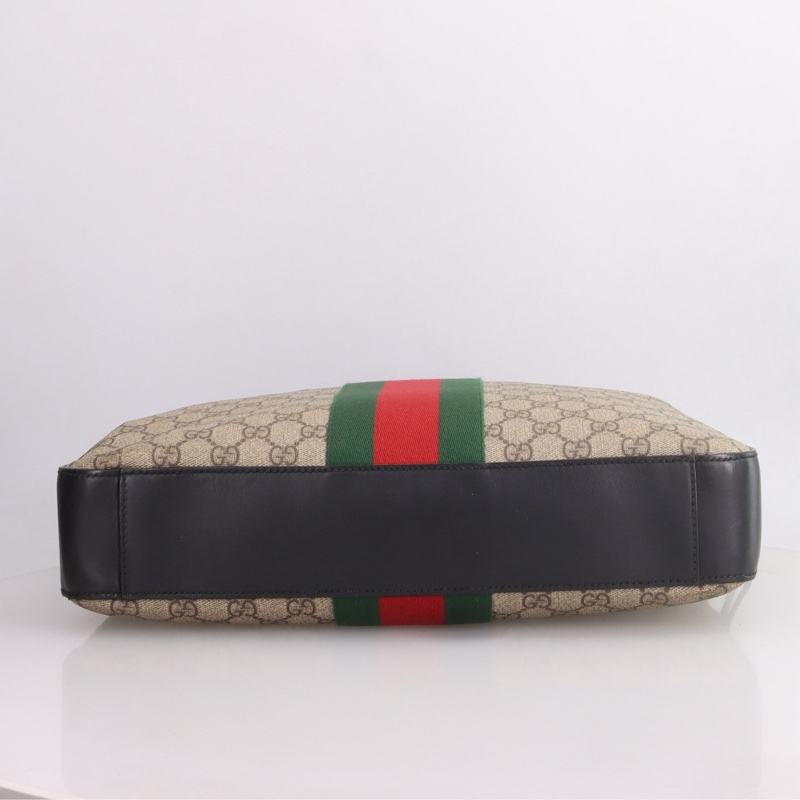 GUCCI古馳 老花Logo紅綠條紋織帶 帆布拼皮 電腦公事包 肩背斜背手提包 男款 烏木色/黑色-4