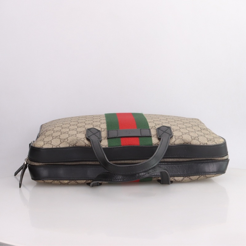 GUCCI古馳 老花Logo紅綠條紋織帶 帆布拼皮 電腦公事包 肩背斜背手提包 男款 烏木色/黑色-5