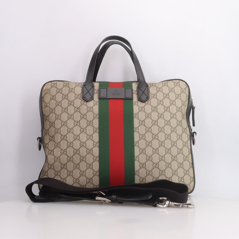 GUCCI古馳 老花Logo紅綠條紋織帶 帆布拼皮 電腦公事包 肩背斜背手提包 男款 烏木色/黑色-6