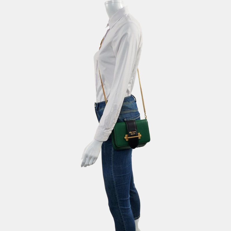 PRADA Cahier 綠色牛皮肩包斜背包腰包/胸包 金色五金 2條可拆式肩帶-4