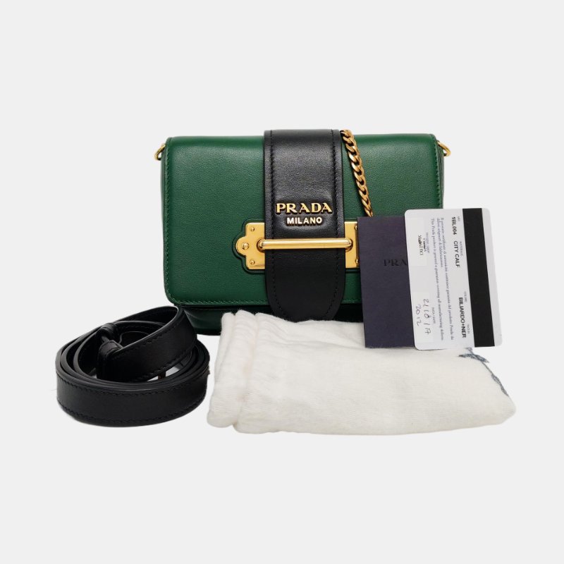 PRADA Cahier 綠色牛皮肩包斜背包腰包/胸包 金色五金 2條可拆式肩帶-7