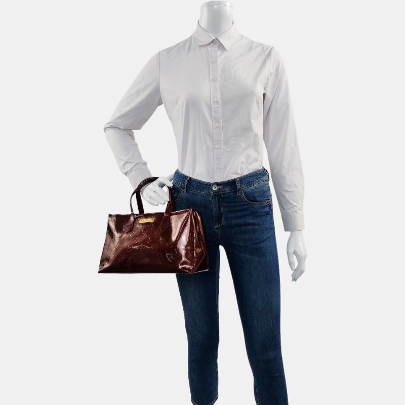 LOUIS VUITTON WILSHIRE 中號 酒紅色漆皮老花手提包 金色五金-2