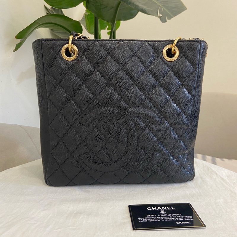 Chanel pst 黑金荔枝紋托特包購物袋 15開有卡 尺寸約24.5*22cm。-0