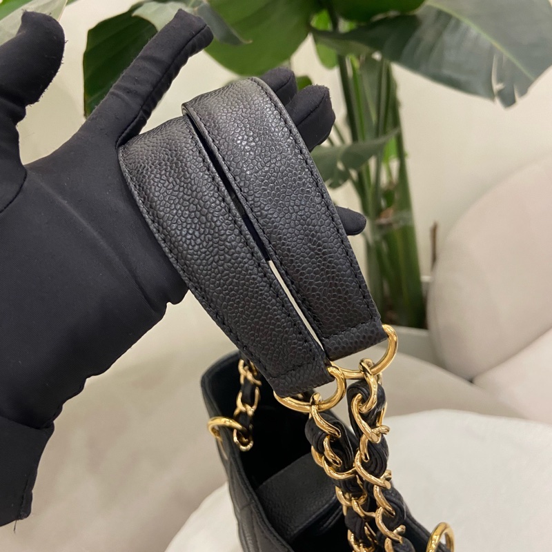 Chanel pst 黑金荔枝紋托特包購物袋 15開有卡 尺寸約24.5*22cm。-11