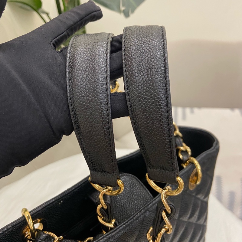 Chanel pst 黑金荔枝紋托特包購物袋 15開有卡 尺寸約24.5*22cm。-12