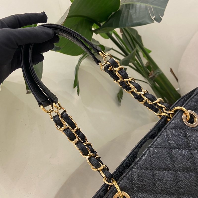 Chanel pst 黑金荔枝紋托特包購物袋 15開有卡 尺寸約24.5*22cm。-13