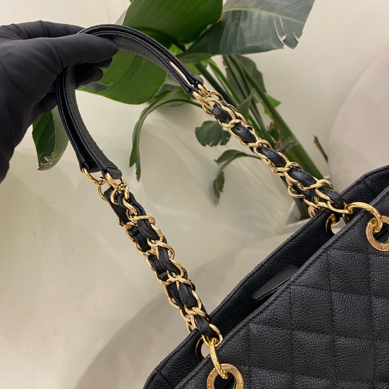 Chanel pst 黑金荔枝紋托特包購物袋 15開有卡 尺寸約24.5*22cm。-14