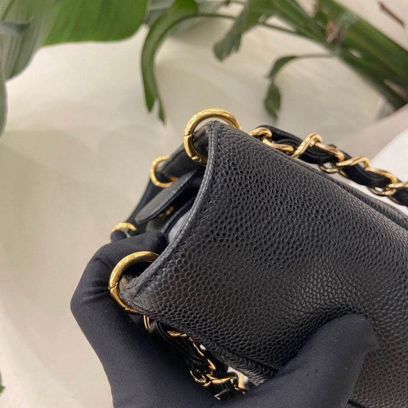 Chanel pst 黑金荔枝紋托特包購物袋 15開有卡 尺寸約24.5*22cm。-16