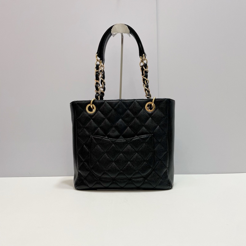 Chanel PST 黑金荔枝紋牛皮手提單肩包 小號 無卡 鐳射14開 尺寸約24.5*22-3