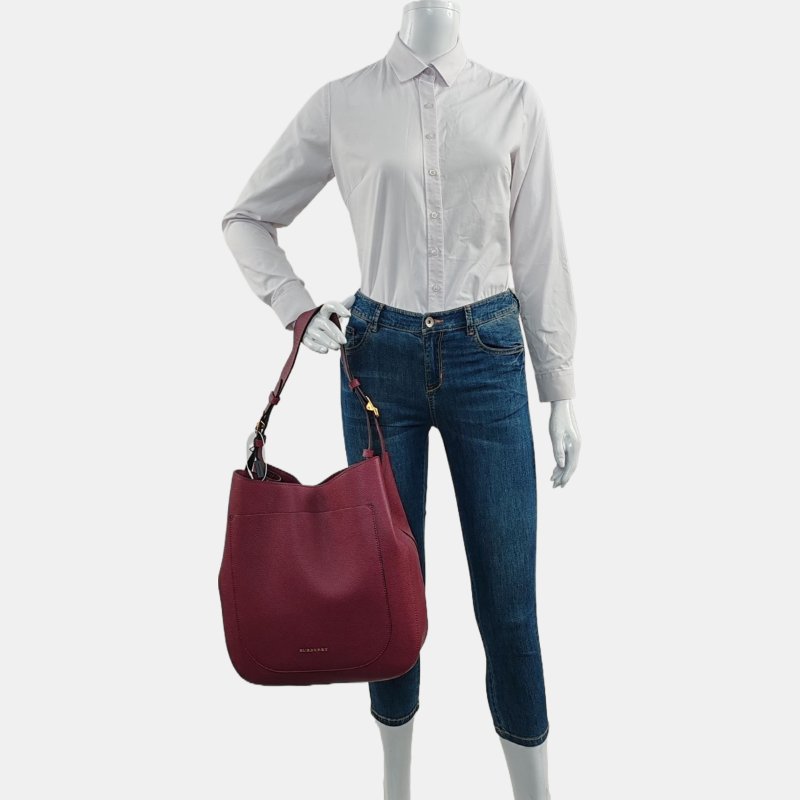 BURBERRY Elmstone 紫紅色牛皮單肩包手提包 金色五金 可拆式肩帶-4