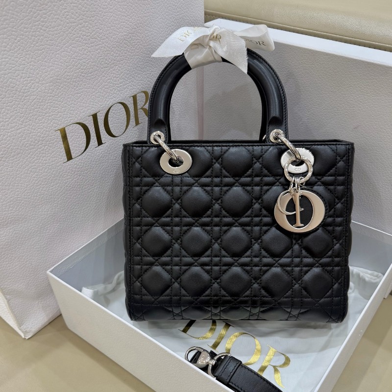 Dior迪奧Lady Dior黑銀羊皮戴妃五格 手提包 肩背斜背包-0