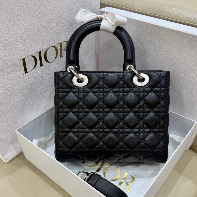 Dior迪奧Lady Dior黑銀羊皮戴妃五格 手提包 肩背斜背包-1