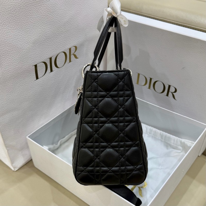 Dior迪奧Lady Dior黑銀羊皮戴妃五格 手提包 肩背斜背包-3