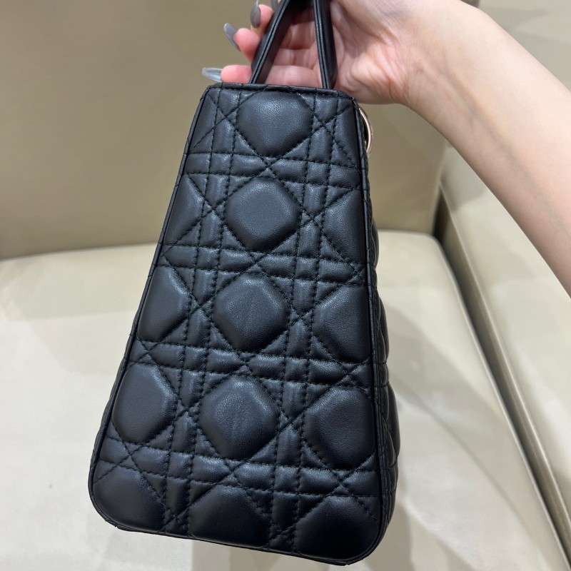 Dior迪奧Lady Dior黑銀羊皮戴妃五格 手提包 肩背斜背包-11