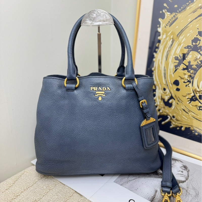 【閒置❤️】 Prada 荔枝紋牛皮藍色金扣手提托特包斜挎包-0