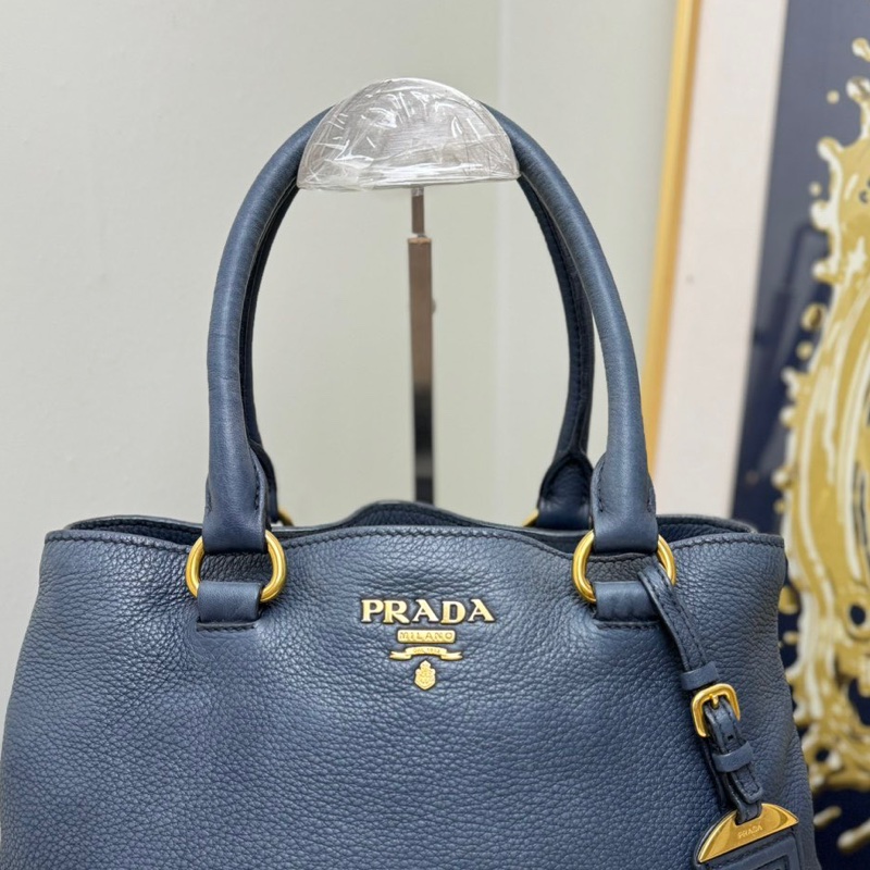 【閒置❤️】 Prada 荔枝紋牛皮藍色金扣手提托特包斜挎包-4