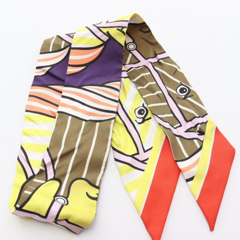 HERMES Twilly QUADRIGE BAYADERE 圍巾 絲綢 黃橙多色 二手 女士-5