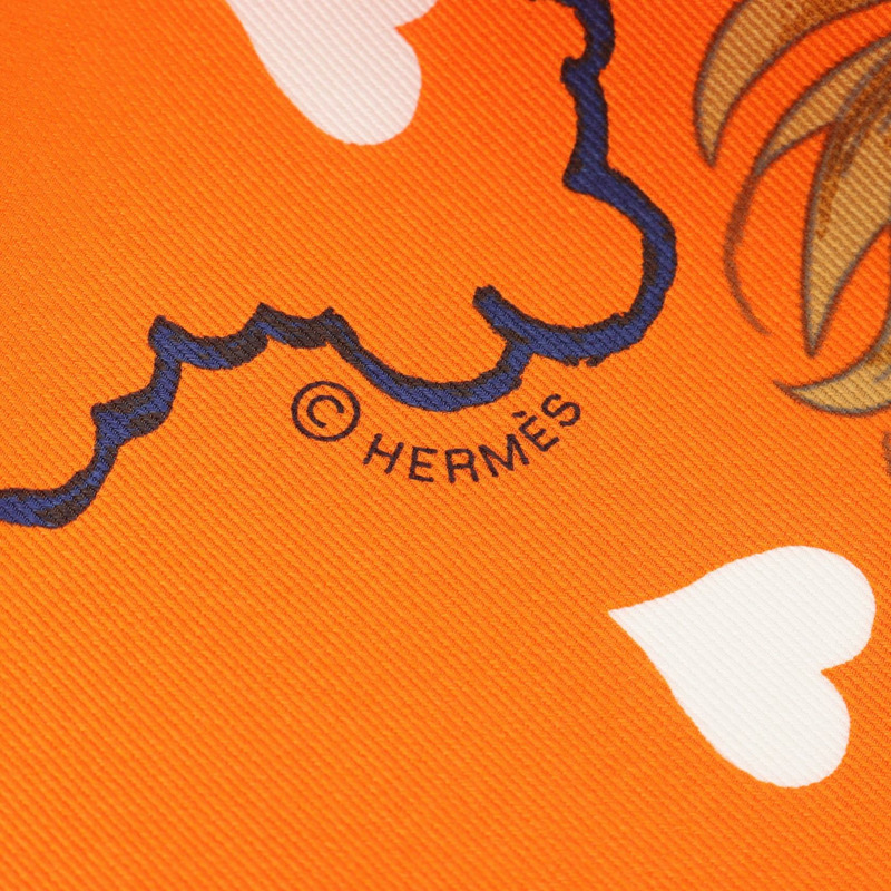 HERMES Carre70 Tea Time 圍巾 絲綢 橘色 多色 二手 女士-1