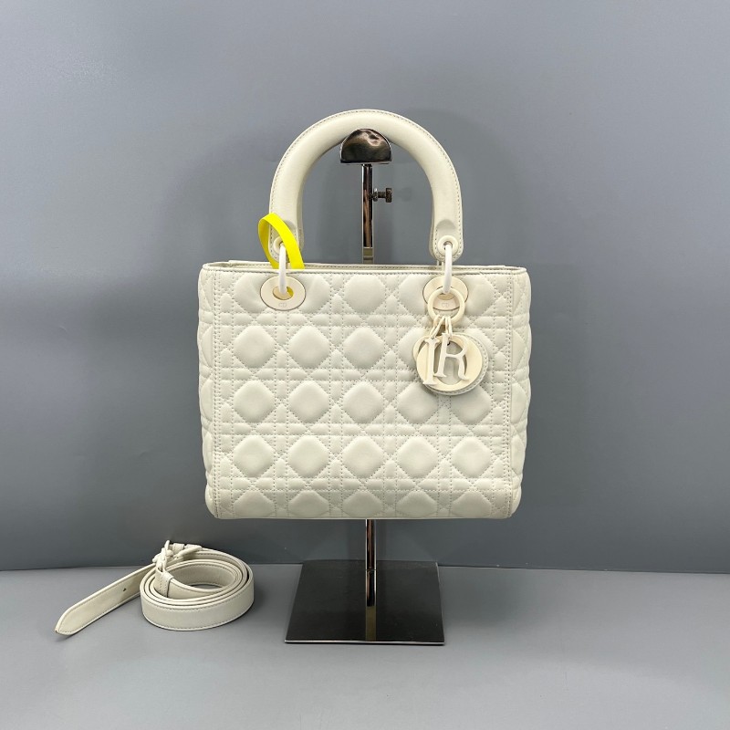 DIOR Lady Dior 五格戴妃 白色羊皮磨砂扣 手提肩背斜背包-0