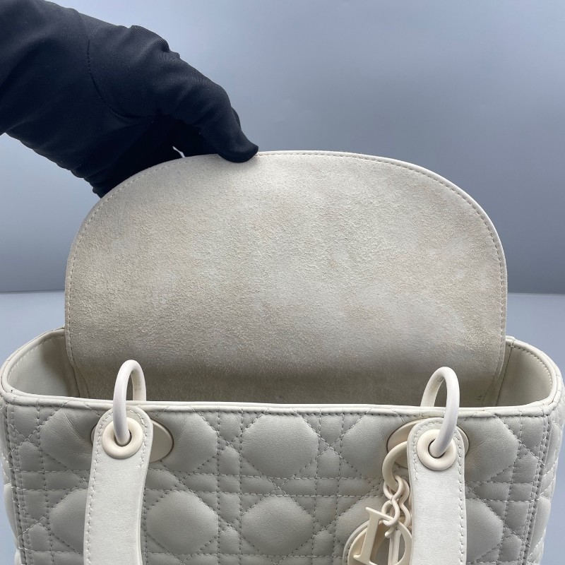 DIOR Lady Dior 五格戴妃 白色羊皮磨砂扣 手提肩背斜背包-14
