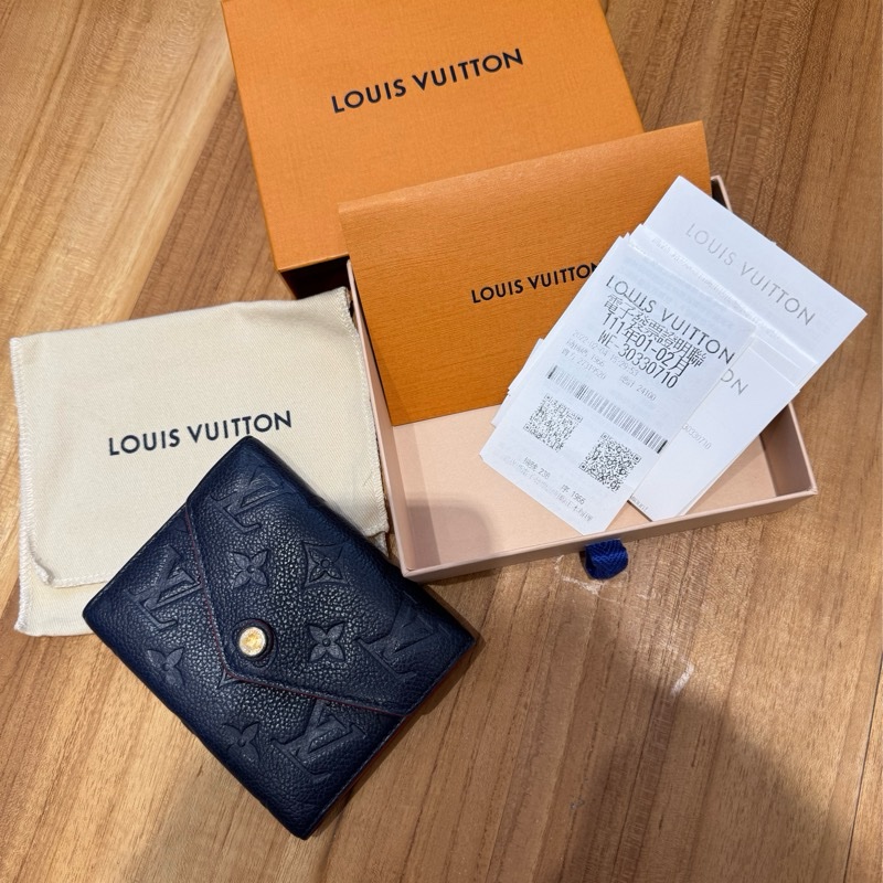 LV經典Empreinte皮革壓花三折暗釦短夾(海軍藍X紅)-12