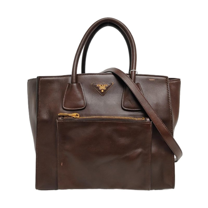 PRADA 托特包 棕色牛皮標誌斜背包手提包單肩包金色五金 可拆式肩帶-0