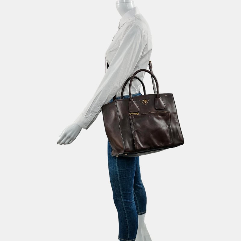 PRADA 托特包 棕色牛皮標誌斜背包手提包單肩包金色五金 可拆式肩帶-1