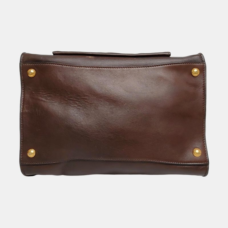 PRADA 托特包 棕色牛皮標誌斜背包手提包單肩包金色五金 可拆式肩帶-5