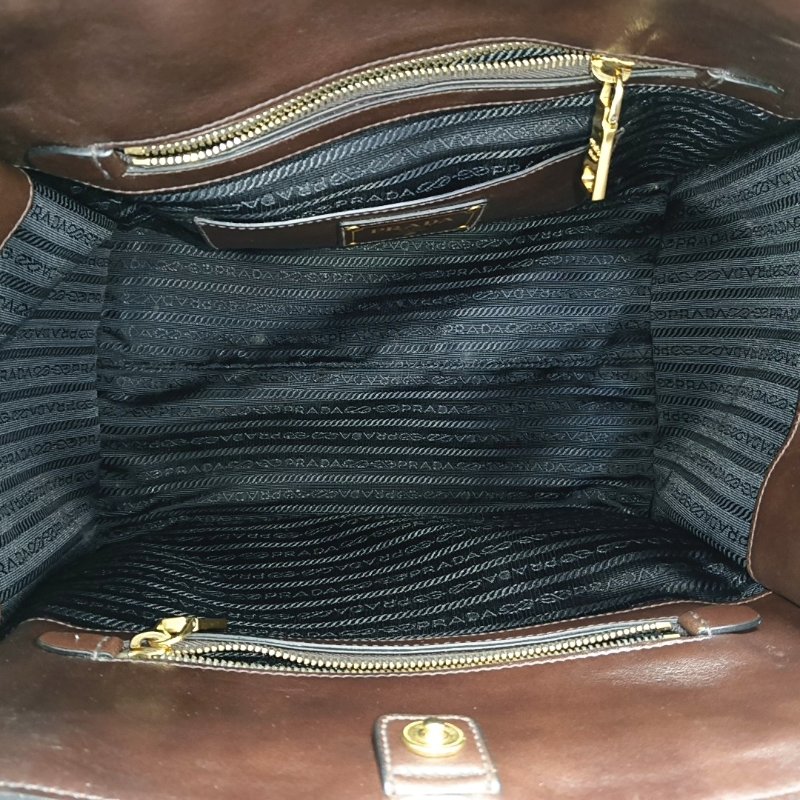 PRADA 托特包 棕色牛皮標誌斜背包手提包單肩包金色五金 可拆式肩帶-6