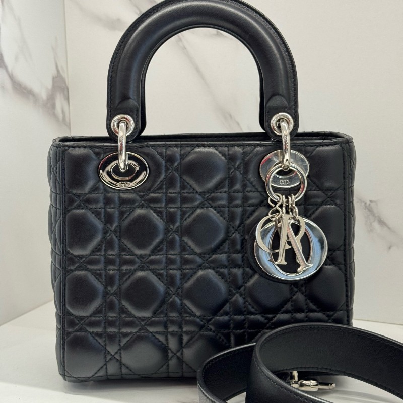 DIOR迪奧 Lady DiorMy ABCDior 藤格紋四格黑色戴妃亮面羊皮 手提包肩背包-0