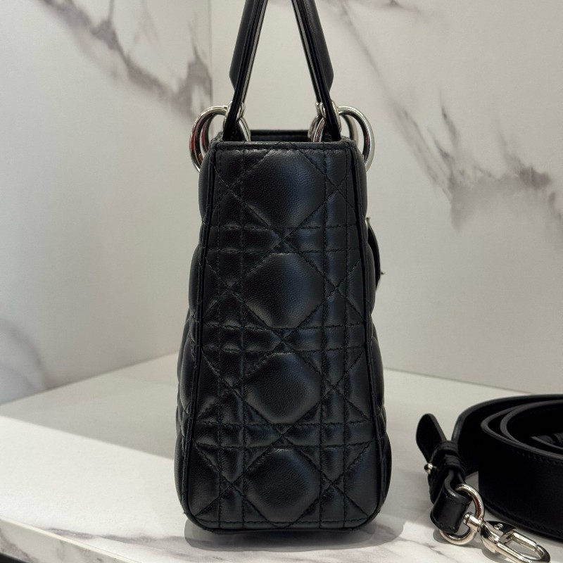 DIOR迪奧 Lady DiorMy ABCDior 藤格紋四格黑色戴妃亮面羊皮 手提包肩背包-3