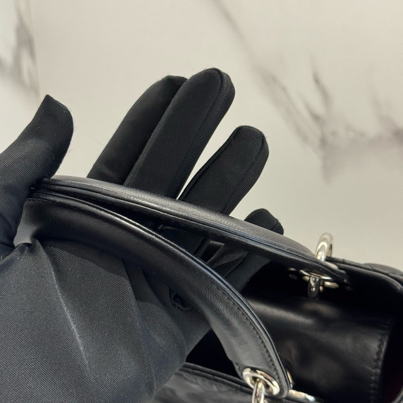 DIOR迪奧 Lady DiorMy ABCDior 藤格紋四格黑色戴妃亮面羊皮 手提包肩背包-4