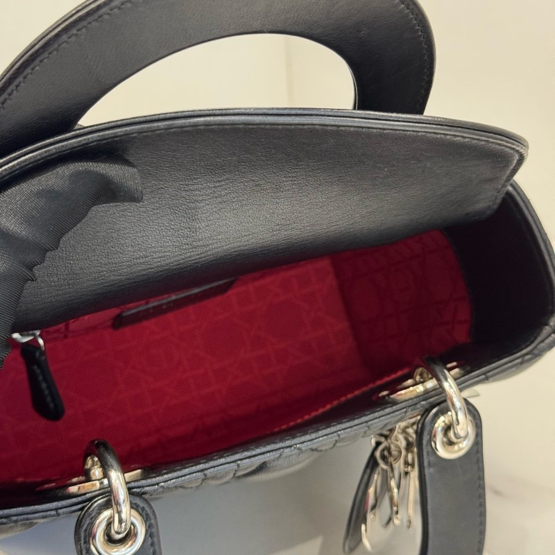 DIOR迪奧 Lady DiorMy ABCDior 藤格紋四格黑色戴妃亮面羊皮 手提包肩背包-6