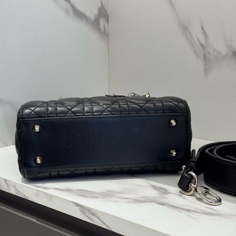 DIOR迪奧 Lady DiorMy ABCDior 藤格紋四格黑色戴妃亮面羊皮 手提包肩背包-7