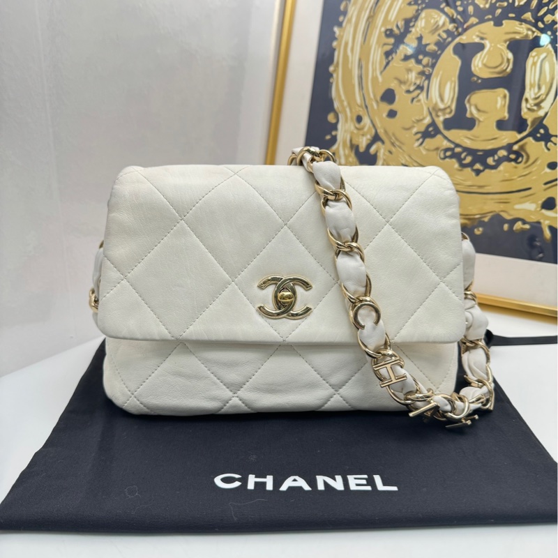 【閒置❤️】 Chanel 白色字母粗鏈腋下包 hobo 單肩斜挎包-0
