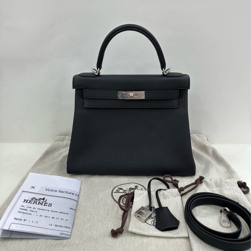 Hermes 愛馬仕 Kelly28黑銀 Togo W刻 copy購證-0