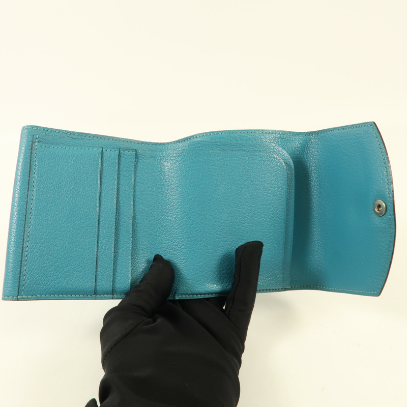 HERMES Chevre皮革Buckle Wallet銀扣錢包Bleu Paon-10