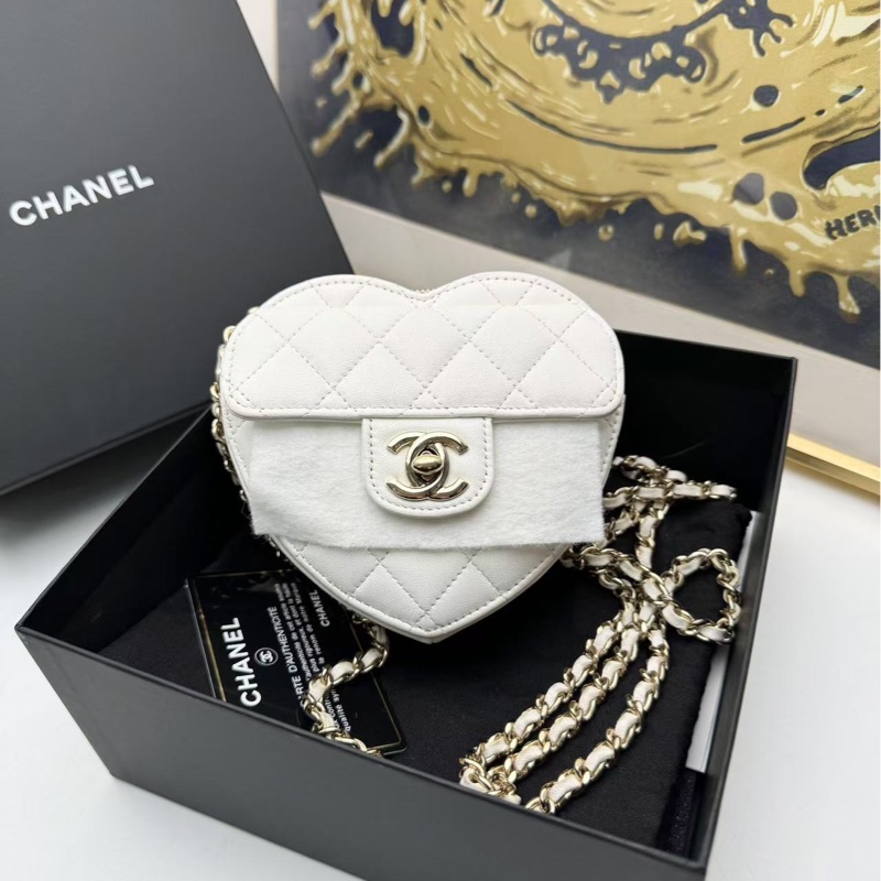 【全套❣️】Chanel桃心 心形鏈條肩帶愛心包 小號 單肩斜挎包白色金扣-0