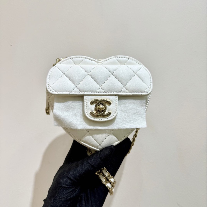 【全套❣️】Chanel桃心 心形鏈條肩帶愛心包 小號 單肩斜挎包白色金扣-1