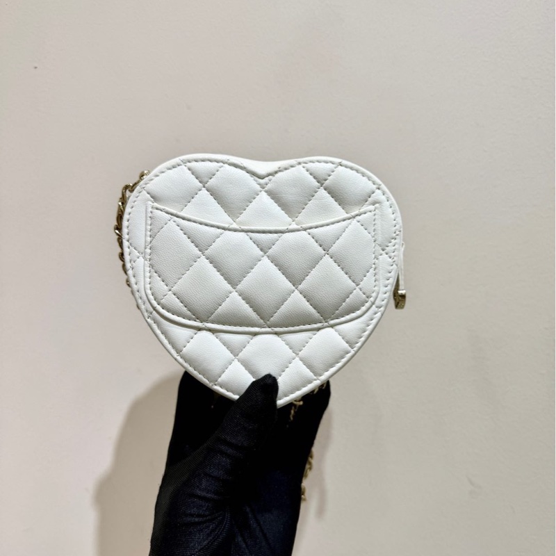 【全套❣️】Chanel桃心 心形鏈條肩帶愛心包 小號 單肩斜挎包白色金扣-2