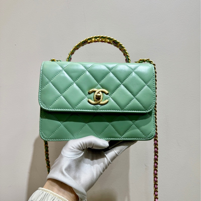 【99❤️全套】Chanel 23p春系列 薄荷綠色金扣牛皮 鏤空彩虹手柄chanel 手提小號鏈條斜挎包-1